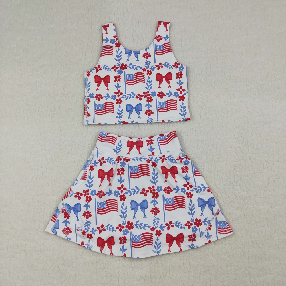 Baby Clothing Wholesale - Wholesale Toddler Flags Bows Shirt Skirt